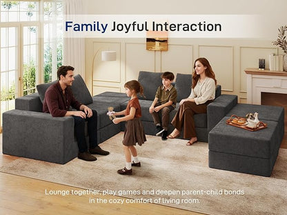 Living&Giving 128" U-Shaped Cloud Sectional Couch for Living Room, Cloud Boneless Couch-No Assembly with Reversible Chaise, Customizable 4-Seat Modular Sectional Sofa with 3 Ottoman,Dark Grey