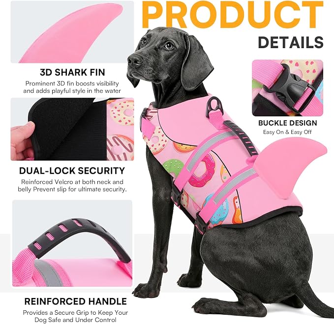 Dog Life Jacket, Dog Life Vest for Swimming, High Flotation Shark Swimming Safety Vest for Large Dods, Adjustable Reflective Pet Lifesaver Preserver, Pink Donut L