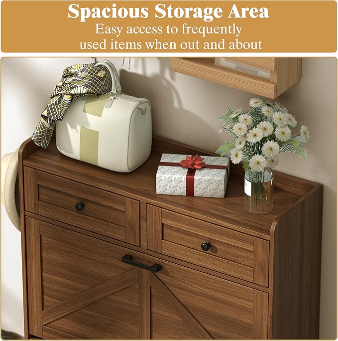 Shoe Cabinet with 2 Flip Drawers & 2 Storage Drawers, Rustic Farmhouse Narrow