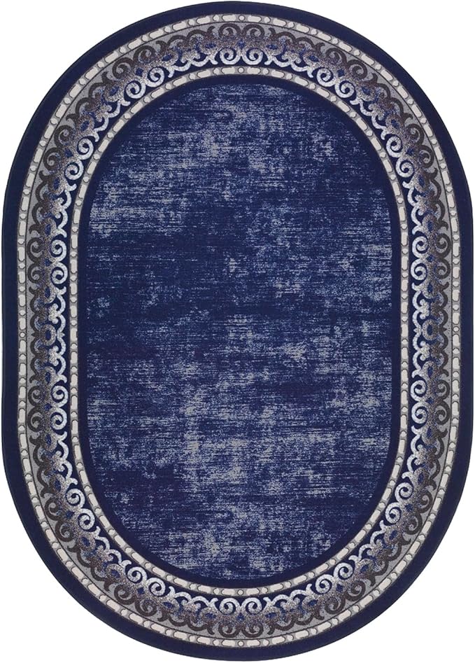 Antep Rugs Alfombras Bordered Modern 5x7 Non-Slip (Non-Skid) Low Pile Rubber Backing Indoor Area Rug (Navy, 5' x 7' Oval)