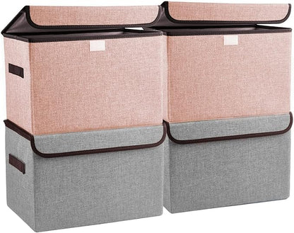 Linen Fabric Foldable Storage Cube Bin Organizer Basket with Flip-Top Lid & Handles, Large Clothes Blanket Box for Home, Office, Closet, Gray & Pink, 4 Pack 14.6 x 9.5 x 9.5”