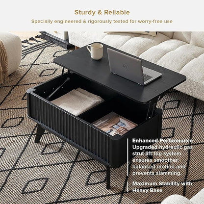 mopio Brooklyn Lift Top Coffee Table for Living Room, Mid Century, Modern Farmhouse with Lifting Tabletop & Hidden Storage, Fluted Panel, Rising Pull Up Dining Table (Black Oak)