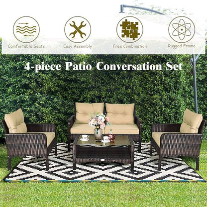 Tangkula 4 Piece Patio Furniture Set, Outdoor Wicker Conversation Set with Glass Top Coffee Table, All Weather Proof and Thick Cushions, Suitable for Porch, Garden, Poolside and Lawn (Brown)
