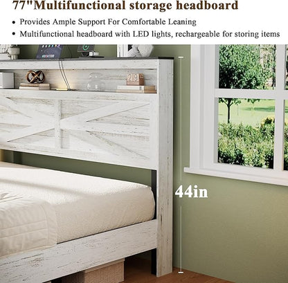 Farmhouse King Size Bed Frame with Headboard Storage Shelf, Wood Platform Bed Frame with LED Lights & Charging Station, Rustic White Metal Bed, No Box Spring Needed, Noise-Free Sturdy Structure