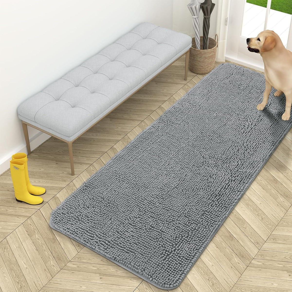 OLANLY Dog Door Mat for Muddy Paws 59x24, Absorbs Moisture and Dirt, Absorbent Non-Slip Washable Doormat, Quick Dry Chenille Mud Mat for Dogs, Entry Indoor Entryway Carpet for Inside Floor, Grey