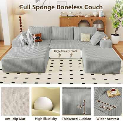96" U-Shape Cloud Couch, Modern Modular Sectional L-Shape Sofa with Ottoman, Corduroy Upholstered Couches Deep Seat Chaise Longue for Living Room, No Assembly Required(Light Gray, Left Facing)