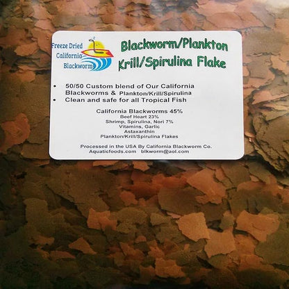 Aquatic Foods Inc. Flakes - 45% California Blackworm & Plankton/Krill/Spirulina Flake Mix for Discus, Cichlids, Tetras, Guppies, Live Bearers, Pond Fish, All Tropical Fish Premium AF Flakes - 1/8-lbs