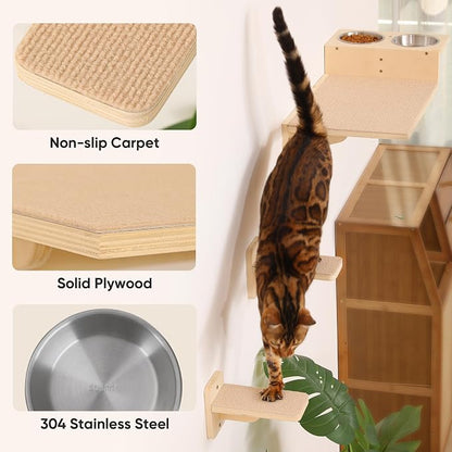 FUKUMARU Cat Wall Shelves, Food Station with 2 Steps | 3 in 1 Cats Walls Furniture Set, Birch Plywood Perch, Suitable for Kitten Play, Nap, Eat, DIY Wall Jungle Gym