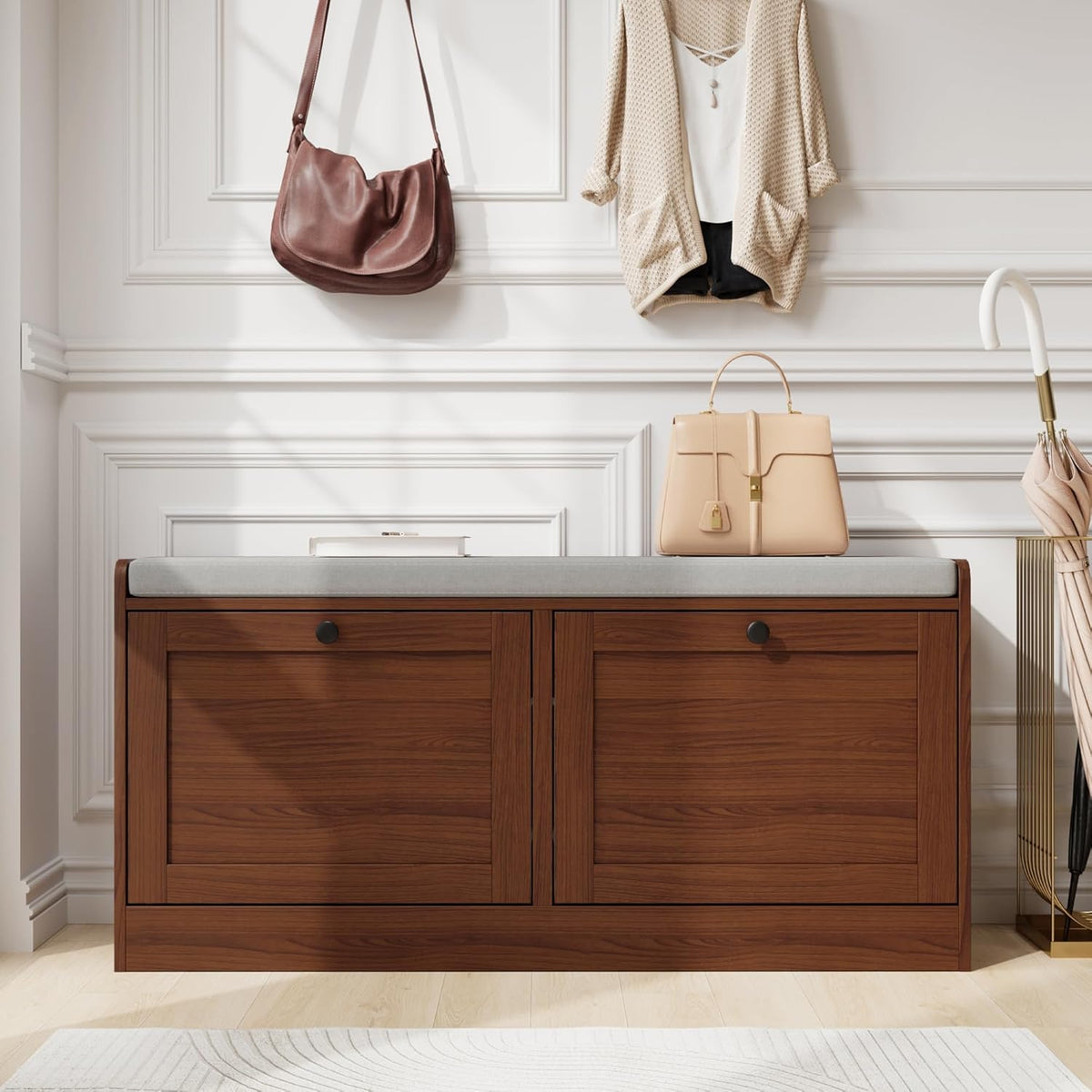 MHOM Brown Modern Entryway Bench with 2 Flip Drawers, Entryway Shoe Bench with Padded Seat Cushion, Wooden Storage Bench for Bedroom and Apartment