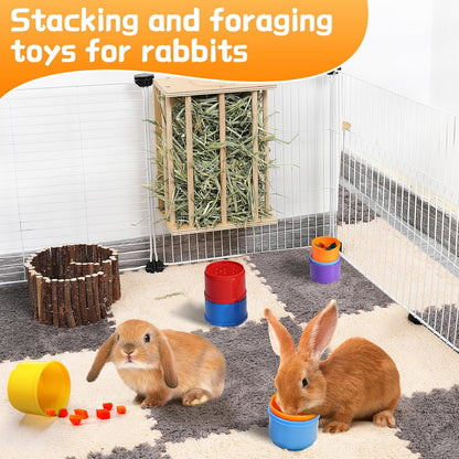 MEWTOGO 8 Pcs Stacking Cups for Rabbits - Safe Reusable Bunny Toys in Different Sizes, Durable Rainbow Colored Nesting Toys for Small Animals, Bunny Hiding Food Playing Gifts