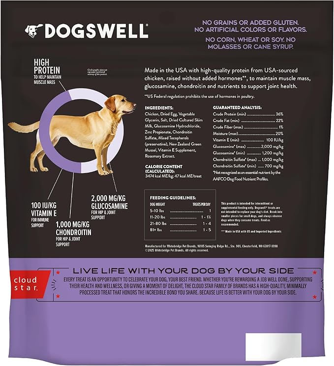 DOGSWELL Hip & Joint Dog Treats 100% Meaty, Grain Free, Glucosamine Chondroitin & Omega 3, Chicken Soft Strips 20 oz