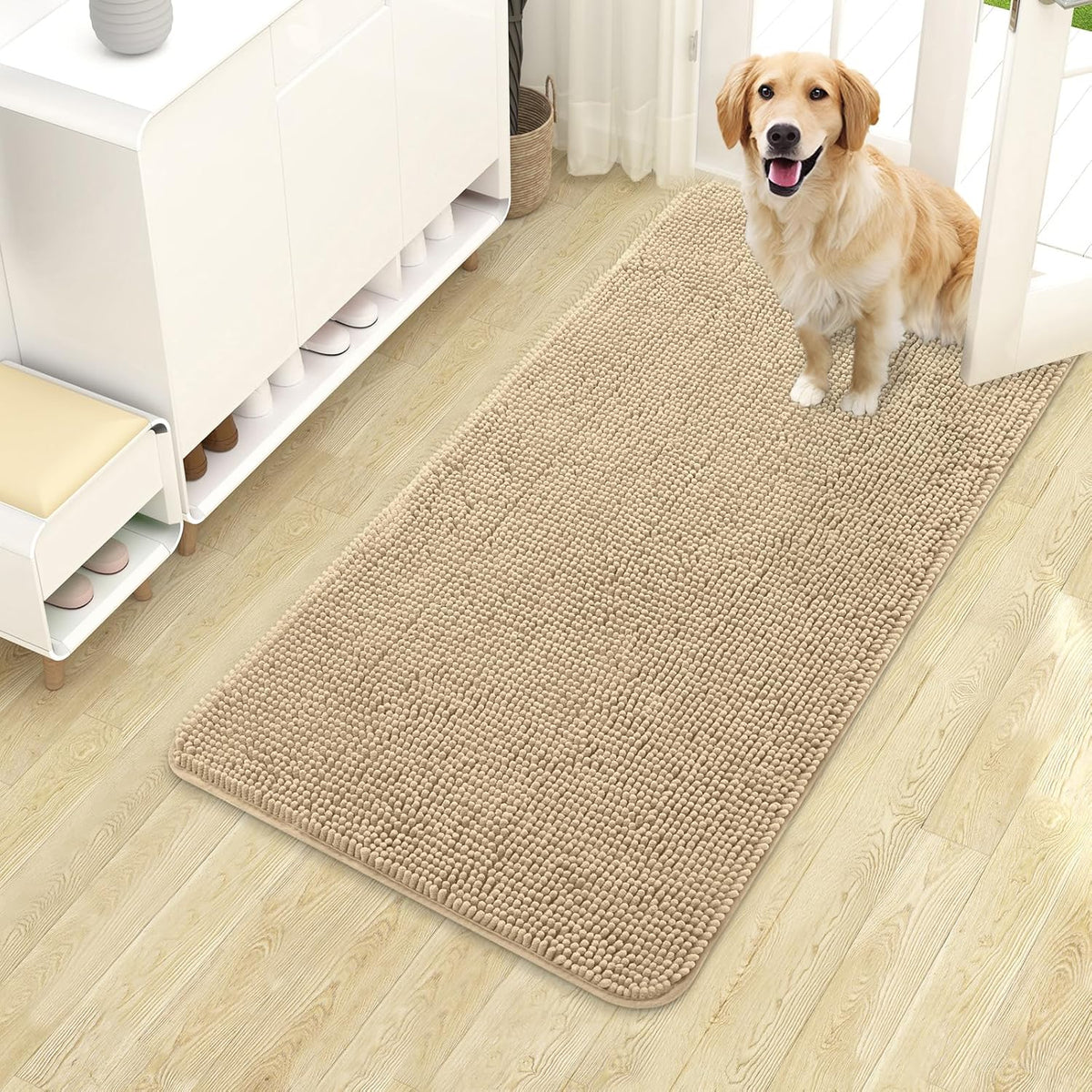OLANLY Dog Door Mat for Muddy Paws 40x24, Absorbs Moisture and Dirt, Absorbent Non-Slip Washable Doormat, Quick Dry Chenille Mud Mat for Dogs, Entry Indoor Entryway Carpet for Inside Floor, Beige