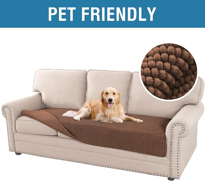 H.VERSAILTEX Plush Chenille Dog Bed Cover Thick Soft Sofa Cover for 3 Cushion Couch Anti Slip Couch Cover Furniture Protector for Dog, Pet, Cat (35" x 74", Caramel)