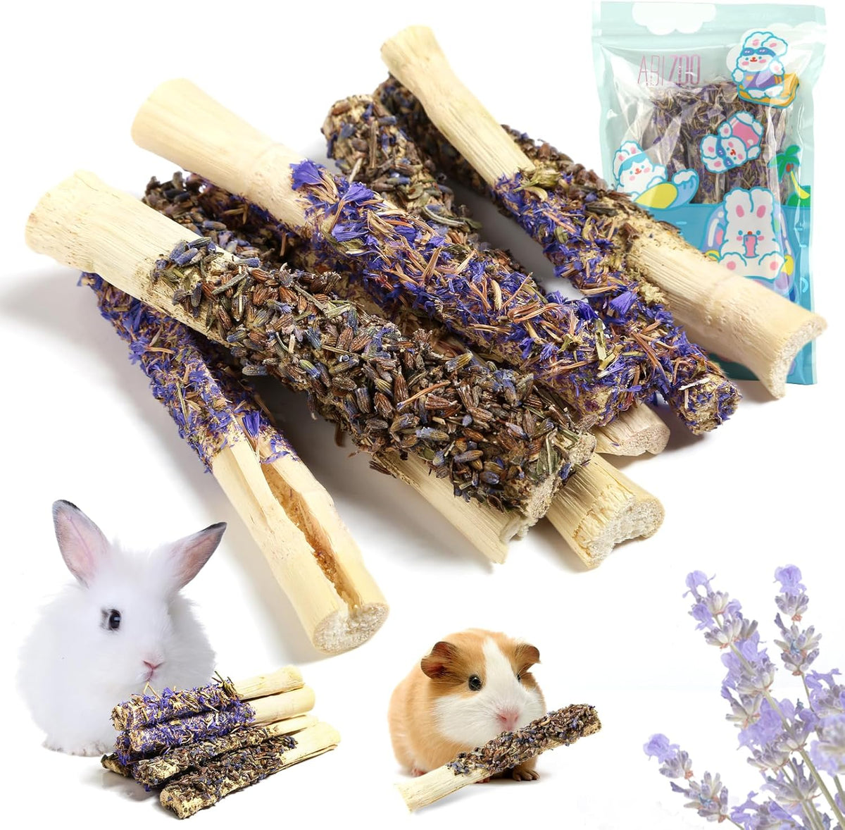Abizoo Sweet Bamboo Rabbit Chew Sticks Treats and Toys 8Pcs Natural Hay with Forget-Me-Not Lavender for Bunny Guinea Pig Chinchilla Dental Care