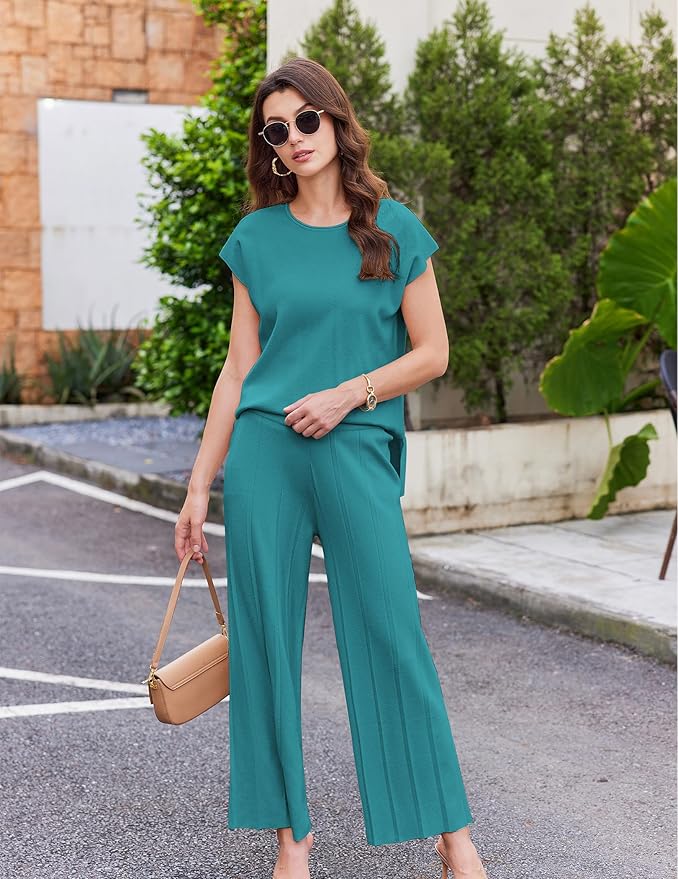 Ekouaer Lounge Sets for Women Two Piece Outfits Knit Cap Sleeve Tops Wide Leg Pleated Pants Casual Dressy Sweater Sets