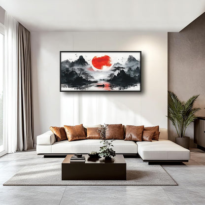 Framed Large Japanese Mountain Wall Art for Living Room, Oversized Asian Red Sun Lake Landscape Wall Decor Nature Canvas Painting Home Decoration for Living Room Bedroom Office 60"x30"