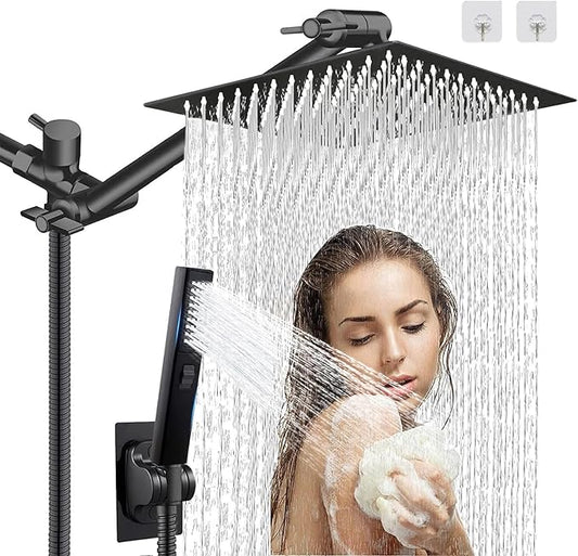 12" High Pressure Square Rain Shower Head and 2-in-1 Hand Shower, Rainfall
