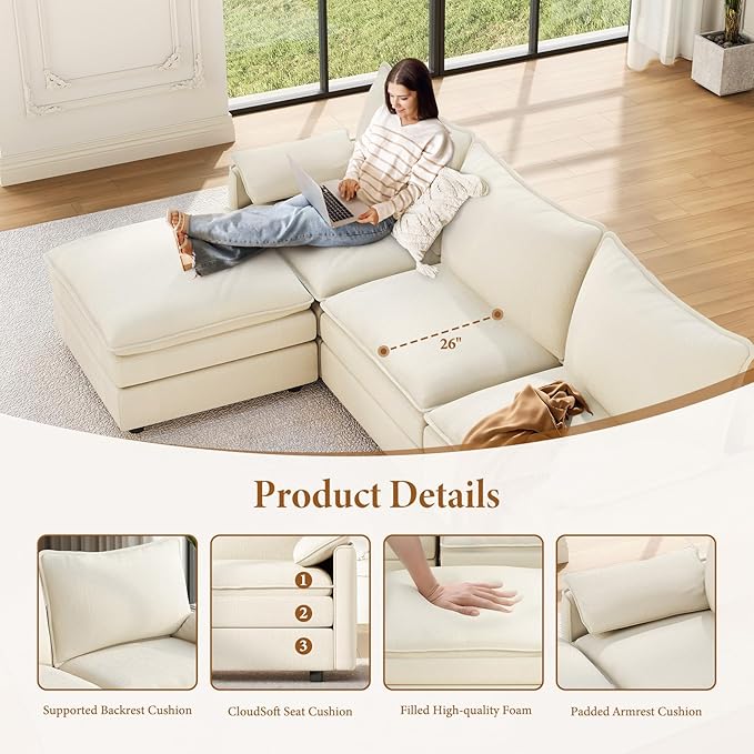 Vesgantti 101" V-Shaped Corner Couch Sectional, 7 Seat Customizable Modular Cloud Couches with Movable Ottoman, Chenille Deep Seat Sofa Set with Chaise for Living Room, Bedroom and Apartment, Beige