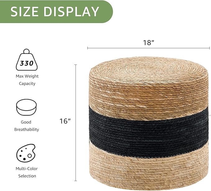 Wimarsbon 18'' Ottoman Pouf, Natural Braided Poof, Rustic Handweave Lounge Pouffe, Boho Footrest Stool for Bedroom, Accent Table for Living Room (18inch Natural Cattail + Black Corn Husk)