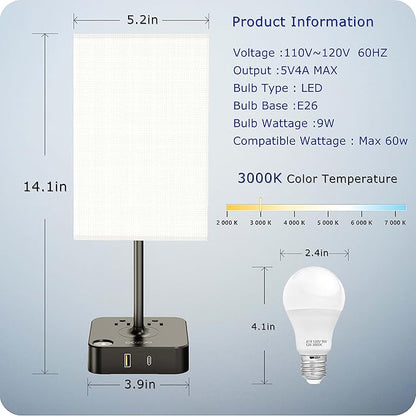 cozoo Bedside Table Lamp with 3 Levels Brightness,Dimmable Table Lamp with USB C+A Charging Ports,2 AC Outlets,Nightstand Lamp White Shade,Touch Bedroom Lamp for Living Read Work