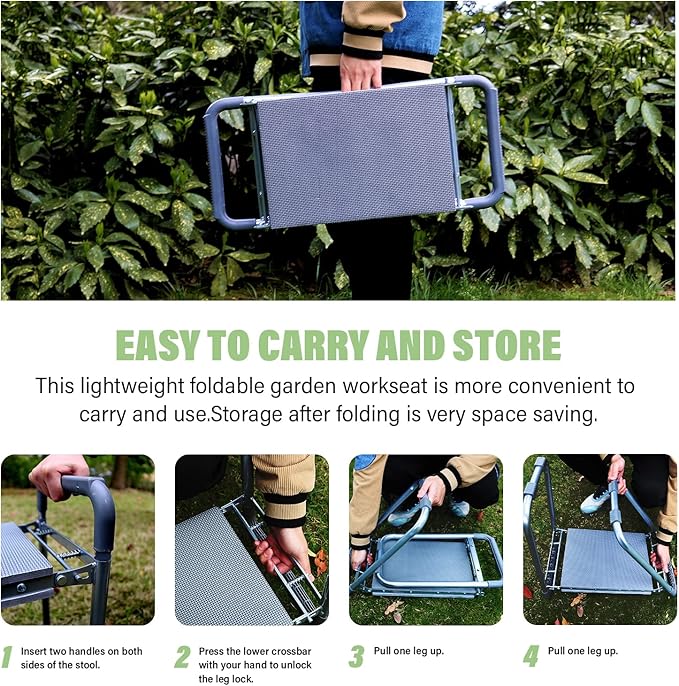 BESTHLS Garden Kneeler and Seat - Heavy Duty Folding Stool with Thick Pad, Tool Pouches & Bag, 330 lbs Capacity - Knee & Back Support, Perfect for Seniors, Women, Men
