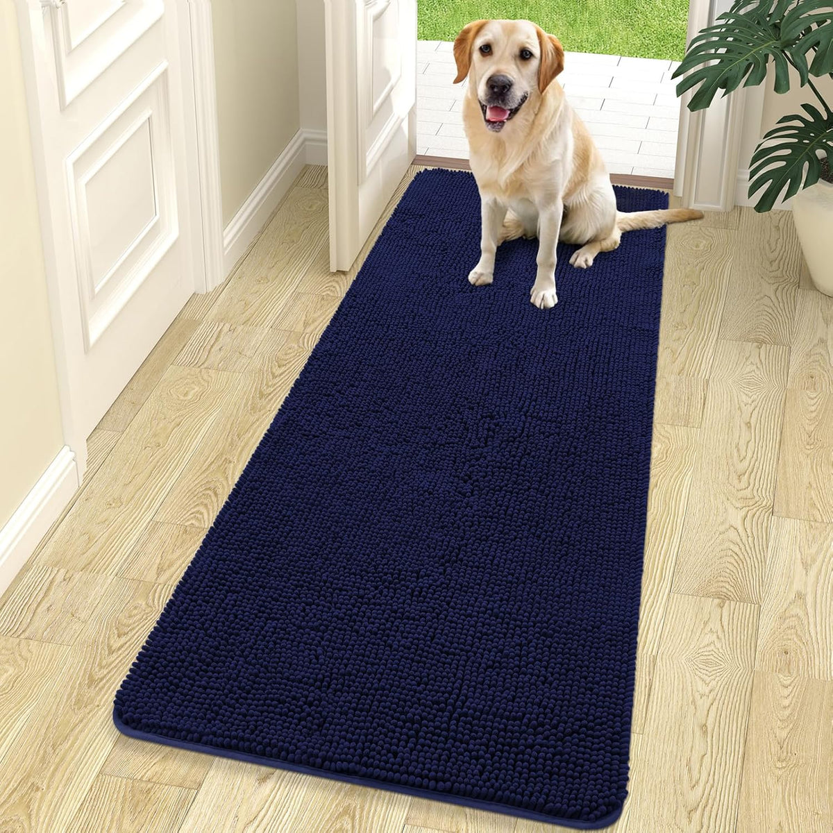 OLANLY Dog Door Mat for Muddy Paws 70x24, Absorbs Moisture and Dirt, Absorbent Non-Slip Washable Doormat, Quick Dry Chenille Mud Mat for Dogs, Entry Indoor Entryway Carpet for Inside Floor, Navy Blue