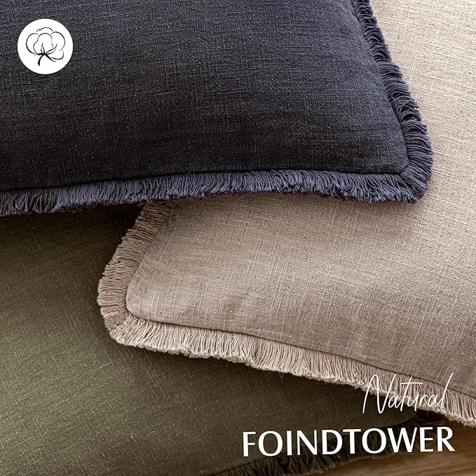 Foindtower Set of 2 Decorative Linen Fringe Throw Pillow Covers Farmhouse Cushion Cover with Tassels Soft Accent Pillowcase for Couch Chair Sofa Bed Living Room Home Decor,18×18 Inch,Natural Linen