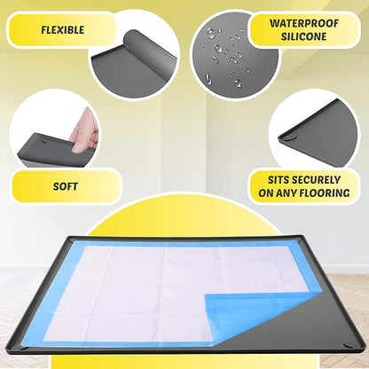 Dog Pee Pad Holder Tray Fits for 27.5” x 44” Pee Pads - 1 Pack - Grey | Corner Lock Holes, Raised Edges, Non-Spill, Easy to Clean Silicone Dog Potty Tray Holder, For Indoor Floor Protection