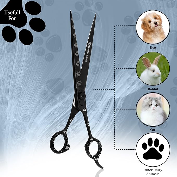 Professional Dog Grooming Scissors/Shears, Straight, with Paw Prints for Dogs, Cats & Pets (Right Handed, Black, Stainless Steel 8 Inch)