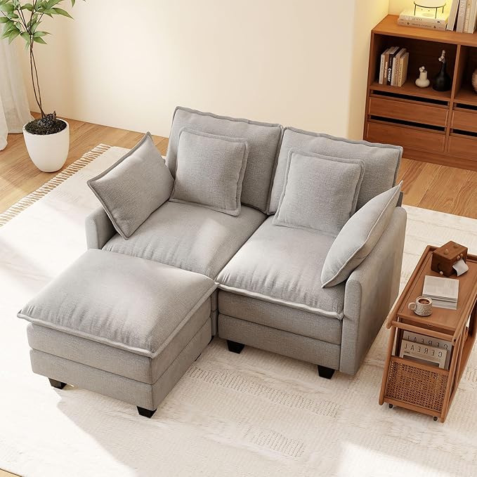 Ihanherry 57" L Shaped Modular Sectional Cloud Sofa, Modern 3 Seat Chenille Couch with Ottoman for Living Room, Bedroom and Apartment, Grey