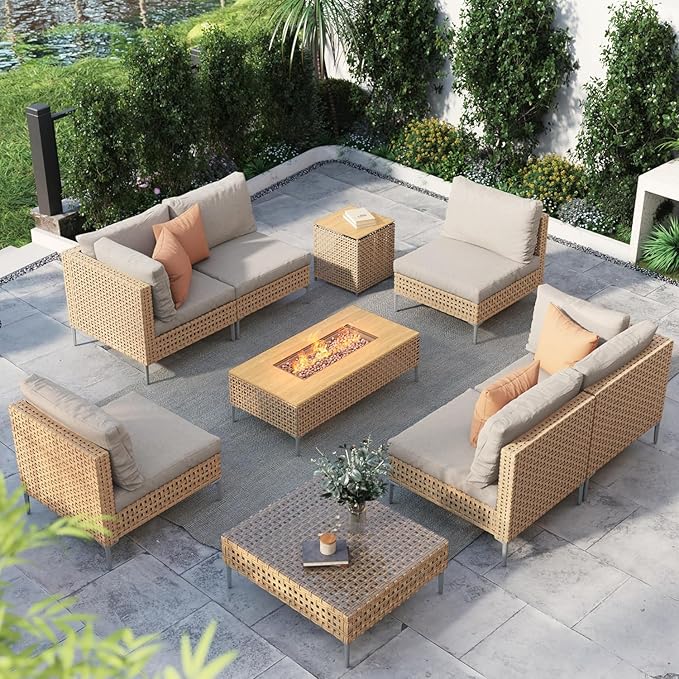 Grand patio 9-Piece Patio Furniture Set with 47" Fire Pit Table, Outdoor Conversation Set & 50,000 BTU 47 Inch Rectangle Propane Fire Pit & Storage Box with Water Resistant Thick Cushions, Cream