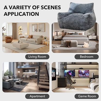 Giant Bean Bag Chair for Adults, Corduroy Upholstered Beanbag Chair with Side Pocket, Comfy Bean Bag Sofa with Portable Handle, Floor Sofa Chair for Bedroom (Grey)