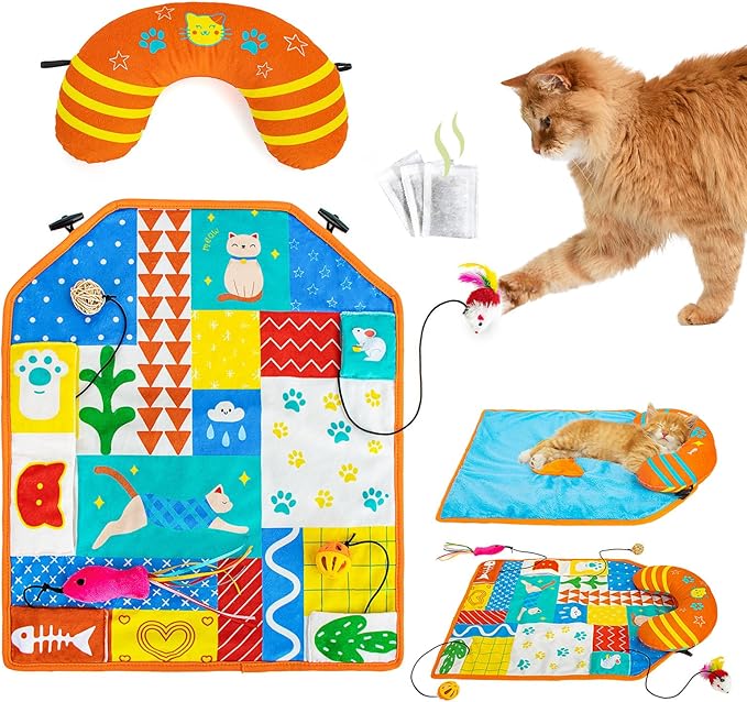 2-in-1 Cat Mat with Pillow for Small Medium Large Cats,Cute Cat Catnip Toys,Soft Plush Crinkle Toys for Kitten Sleeping Snuffing Playing,Machine Washable Pet Cushion Pad Mat Cat Gifts