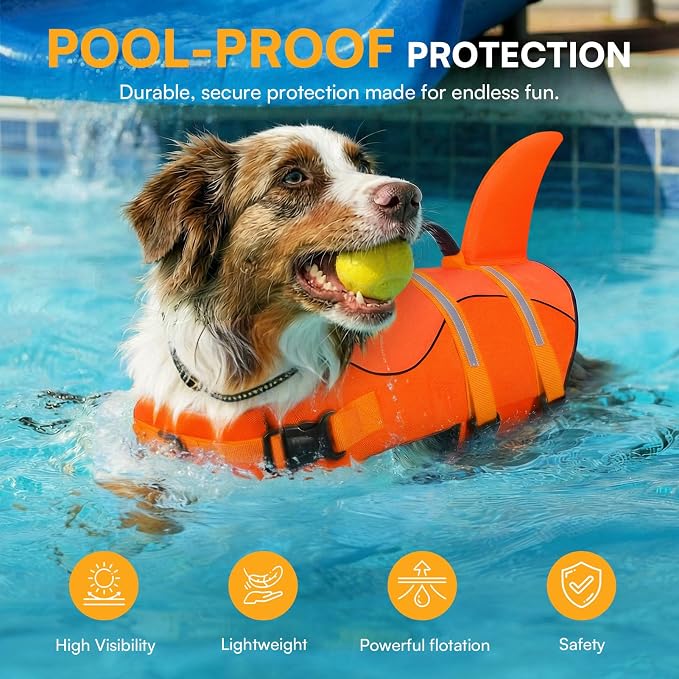 Dog Life Jacket, Dog Life Vest for Swimming, Puppy Shark Swimming Vest with Rescue Handle, Reflective Adjustable Pet Lifesaver Preserver for Small Dogs, Orange XS