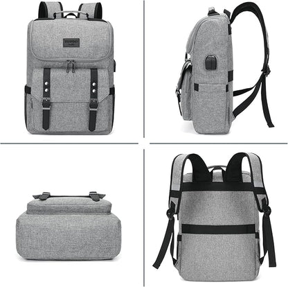 YALUNDISI Vintage Backpack Travel Laptop Backpack with usb Charging Port for Women & Men College Backpack Fits 15.6 Inch Laptop Grey Brown