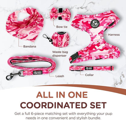 No Pull Harness and Leash Set - 6-in-1 Adjustable Vest Harness and Collars for Medium and Large Dogs. (Military Pink, Large)