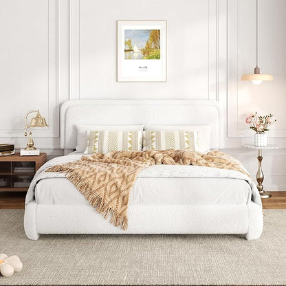 King Size Bed Frame with Headboard Adjustable, Boucle Upholstered Platform King Bed Frame, Anti-Collision Soft Rounded Corners, No Box Spring Needed, Noise-Free, Easy Assembly, White