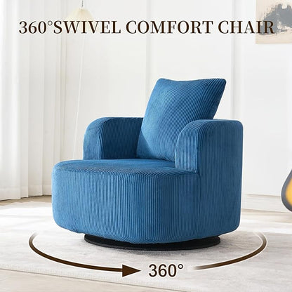 Furnimart 360° Swivel Boneless Chair, Round Corduroy Barrel Accent Chair Upholstered Comfy Lounge Chair, No Assembly Wide Seat for Living Room, Bedroom, Apartment (Blue)