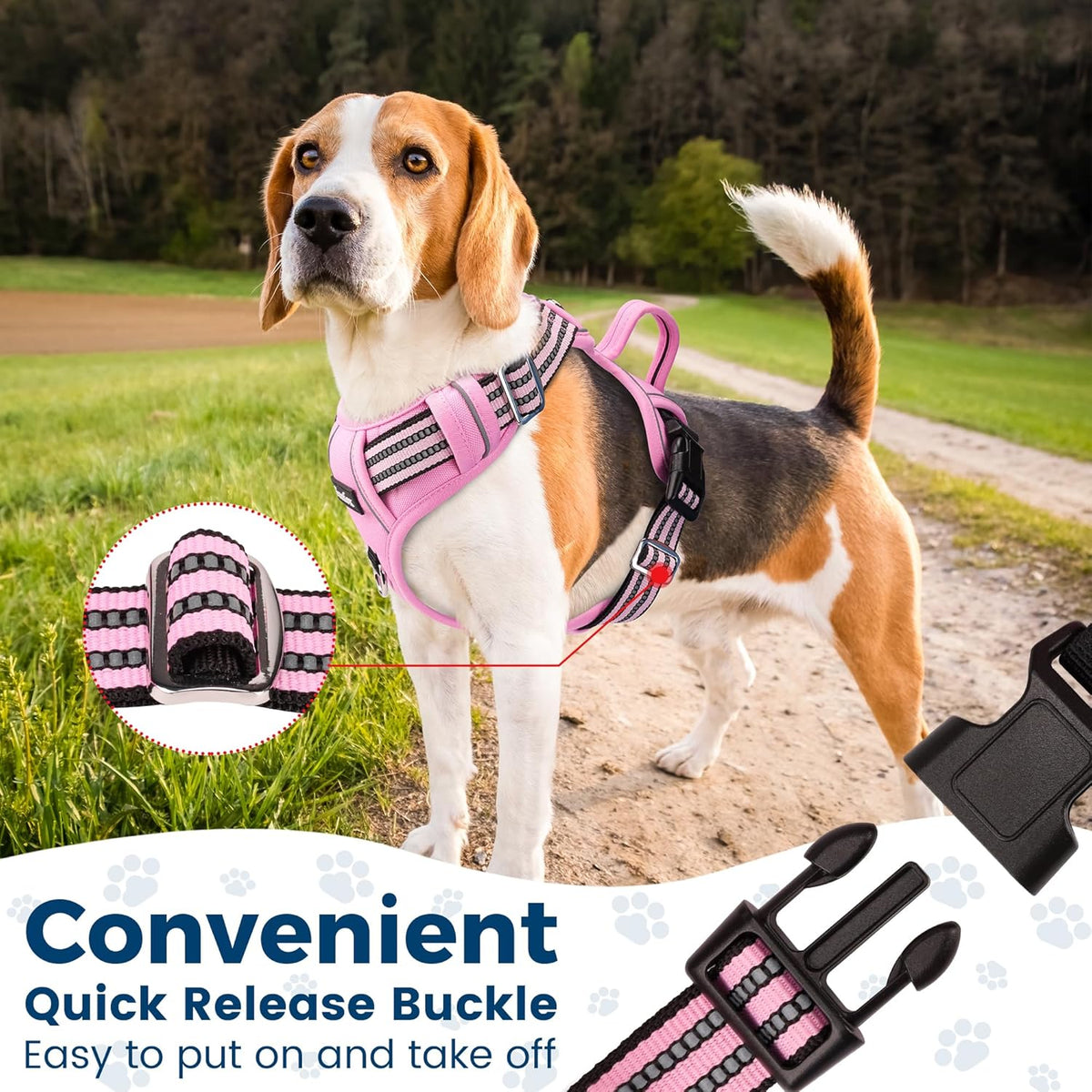 Funfox Dog Harness No Pull, Adjustable Pet Vest Harness, Super Soft Material with Vertical Handle Easy Control, Reflective Night Walking, 2 Leash Clips for Large Dogs, Pink, L