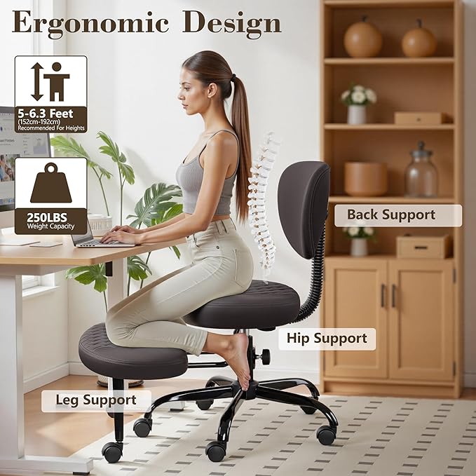Ergonomic Cross Legged Office Chair with Wheels - Adjustable Height for Meditation, ADHD Desk & Yoga - Wide Criss Cross Design with Lumbar Support, Kneeling Chair - Dark Brown
