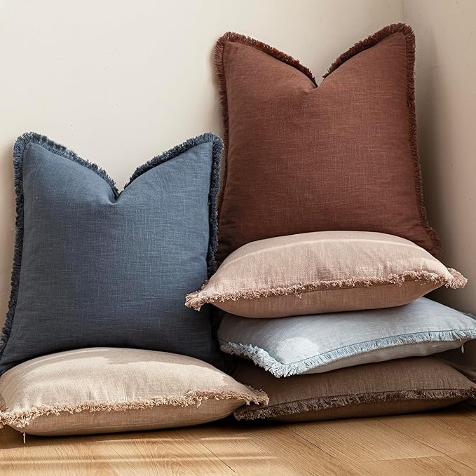Foindtower Set of 2 Decorative Linen Fringe Throw Pillow Covers Boho Farmhouse Cushion Cover with Tassels Soft Accent Pillowcase for Couch Chair Sofa Bed Living Room Home Decor,24×24 Inch,Sky Blue