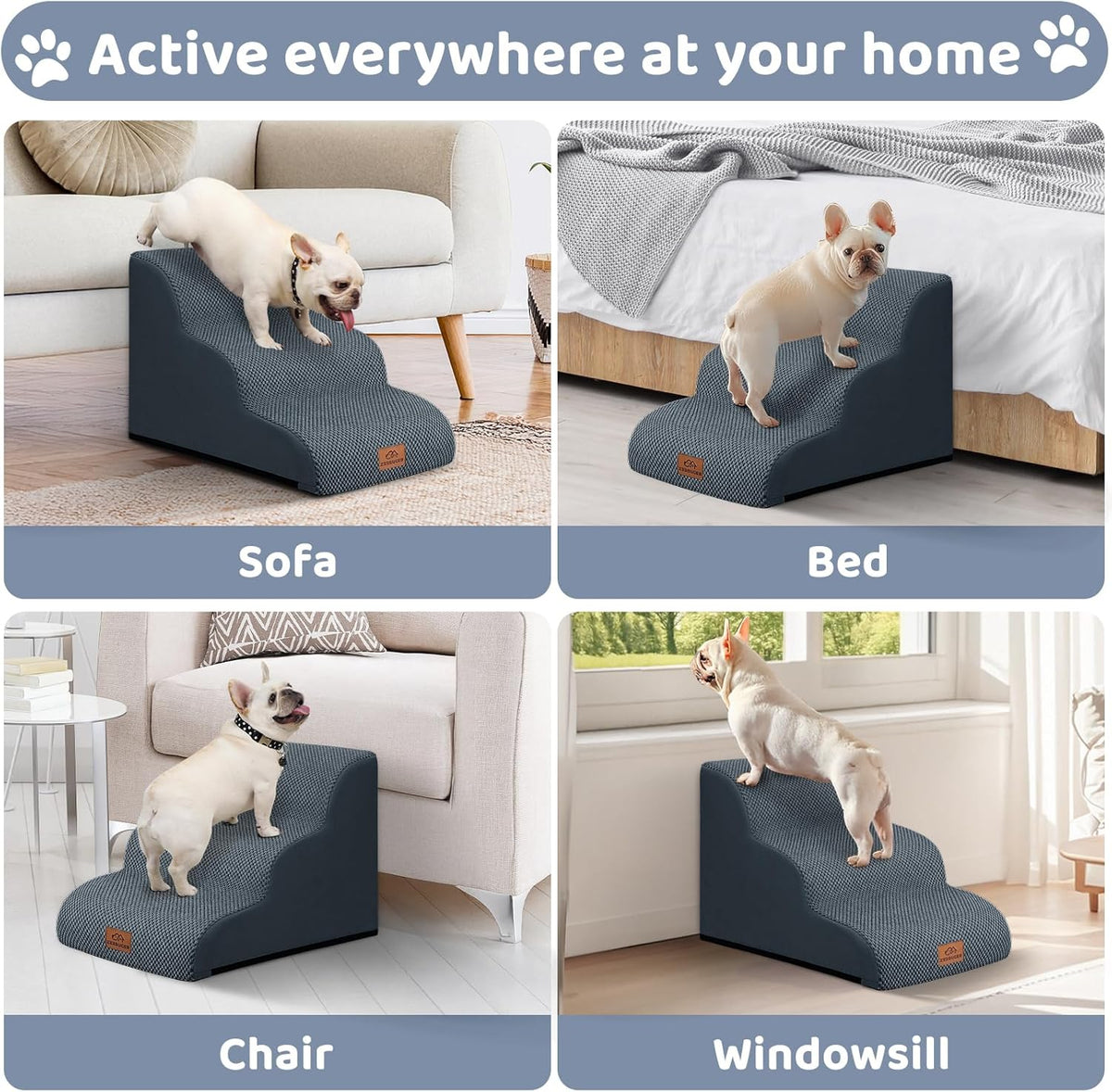 Dog Ramp and Stair for Bed 16" H-20 H,3-Step Cat Stair for Sofa and Chair,4-Step Dog Ramp for High Bed and Window,Durable Nonslip Fabric Cover for Indoor (Dark Grey-16 H, Pet Friendly, 3)