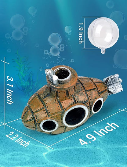 Floating Fish Tank Decoration, Little Cute Retro Submarine Aquarium Decoration with Two Float Balls, Resinous Fish Tank Accessorie, Safe Fish Toy for Betta Cichlid Goldfish Shrimps Hermit Crabs