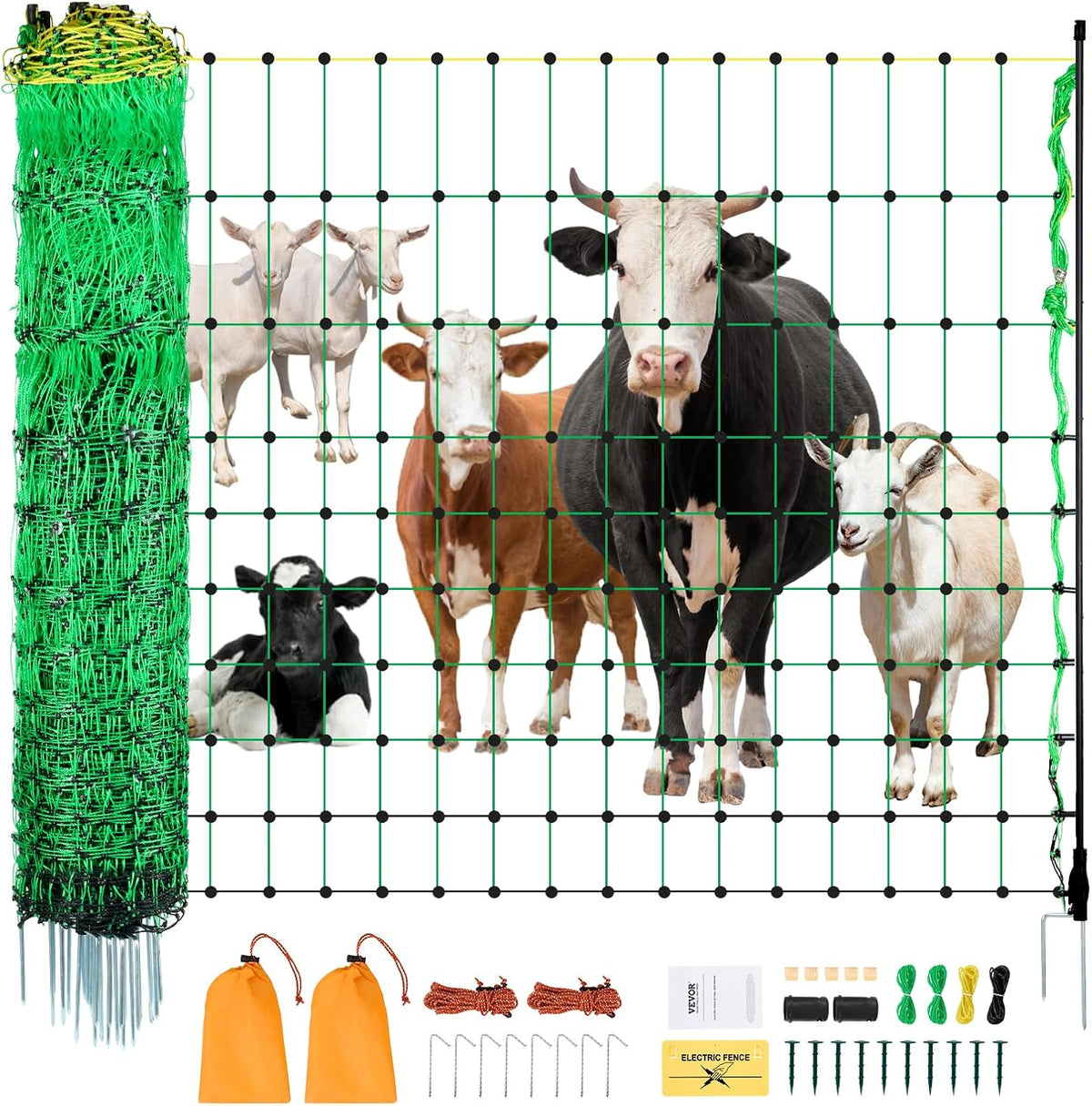 VEVOR Electric Fence Netting, 50" H x 164' L, Livestock Net Fencing with Posts & Stakes, Portable Mesh Nets for Goats, Sheep, Deer, Hogs, Dogs, Electric Fencing for Backyards, Gardens, Farms, Ranches