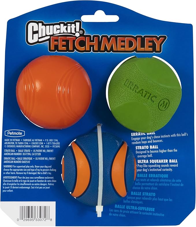 Chuckit! Fetch Pack Dog Ball Dog Toys, Medium (2.5 Inch) Pack of 3, for Medium Breeds, Includes Erratic, Strato and Ultra Squeaker Balls