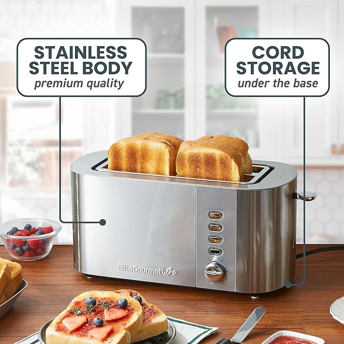 Elite Gourmet ECT4123 Long Slot 4 Slice Toaster, Extra Wide 1.5" and 5.1" Deep
