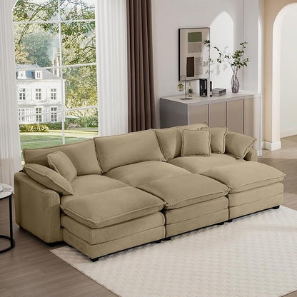 Aoowow Corduroy 3 Seater Sleeper Couch with Ottomans,Large Cloud Couches for Living Room,Tufted Modular Sectional Cloud Sofas Deep Seat,Oversized Chaise Lounge Sofa (Tan, 3 Seater + 3 Ottoman)