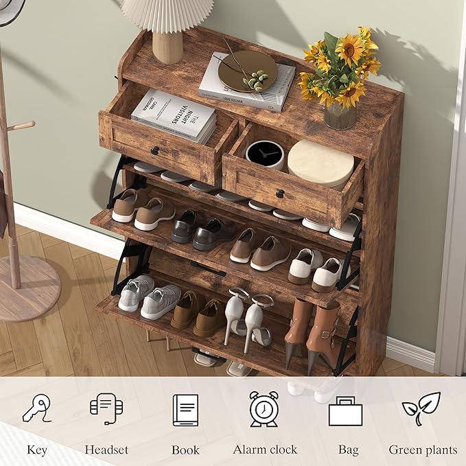 Shoe Cabinet with 2 Flip Drawers & 2 Storage Drawers, Rustic Farmhouse Narrow