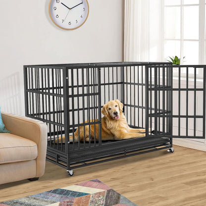 54/48/42/38 Inch Heavy Duty Dog Crate Cage with Wheels, Indestructible and Escape Proof Steel Kennel Indoor for High Anxiety Dogs with Sturdy Locks, Double Door and Tray, Extra Large XL XXL