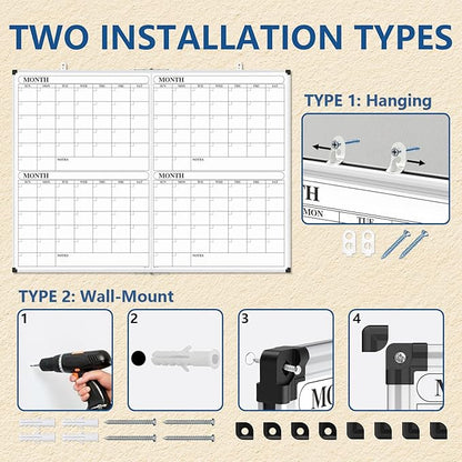 XBoard Magnetic Calendar Whiteboard 48x36 inch, 4 Month Dry Erase Board Planner with Silver Aluminium Frame, Foldable White Board Calendar for Home School Office Organization